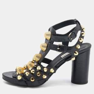 Balenciaga Black Leather Arena Studded Gladiator Block Heel Sandals Size 37