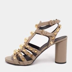 Balenciaga Grey Textured Leather Studded Ankle Strap Block Heel Sandals Size 41