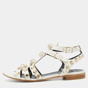 Balenciaga White Leather Studded Ankle Strap Flat Sandals Size 39