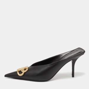 Pre Owned Balenciaga Black Leather BB  Pointed Toe Mules Size 37