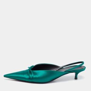 Balenciaga Green Satin Knife Knife Bow Slingback Pointed Toe Mules Size 39