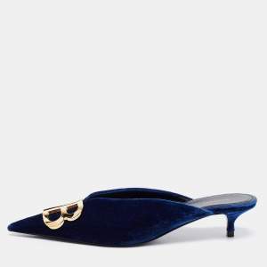 Balenciaga Navy Blue Velvet BB Logo Knife Mules Size 38
