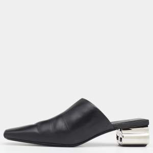 Balenciaga Black Leather Typo Chrome Heel Mules Size 39