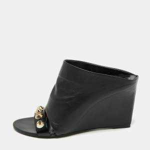 Balenciaga Black Leather Studded Arena Wedge Mules Size 37