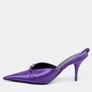 Pre Owned Balenciaga Purple Satin Knife Pointed Toe Slingback Sandals Size 37