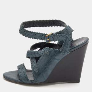 مملوكة مسبقًا صندل بالنسياغا جلد أخضر بروغي كعب روكي مقاس 38.5