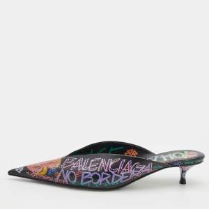 Balenciaga Black Graffiti Leather Knife Pointed Toe Mules Size 40