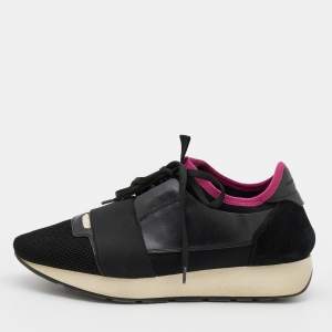 مملوكة مسبقًا Balenciaga Black Mesh,Leather and Suede Race Runner Low Top Sneakers Size 38
