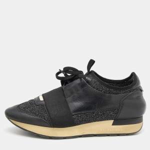 Pre Owned Balenciaga Black Leather and Fabric Race Runner Low Top Sneakers Size 39