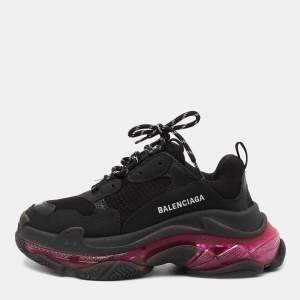 Pre Owned Balenciaga Black  Nubuck And Mesh  Triple S Clear Sneakers Size 38