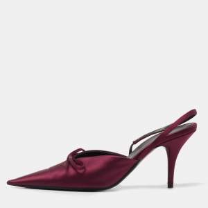 Pre Owned Balenciaga Burgundy Satin Bow Knife Slingback Pumps Size 37