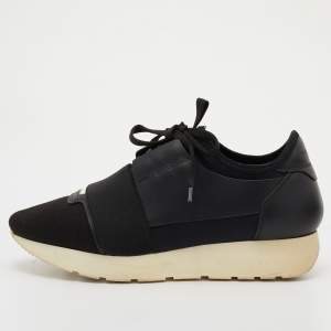 Pre Owned Balenciaga Black Leather and Knit Fabric Race Runner Sneakers Size 37