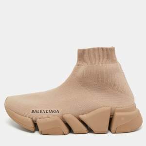 Pre Owned Balenciaga Light Brown Knit Fabric Speed Trainer Sneakers Size 36