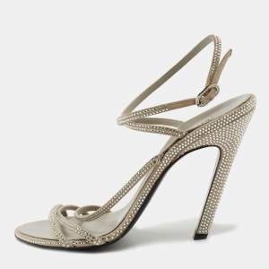Balenciaga Silver Crystal Embellished Suede Ankle Tie Sandals Size 37