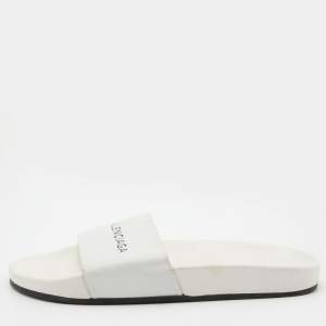 Pre Owned Balenciaga White Leather Logo Flat Slide Sandals Size 39
