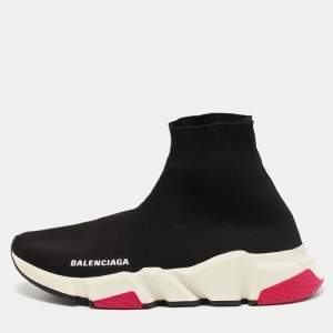 Pre Owned Balenciaga Black Knit Fabric Speed Trainer High Top Sneakers Size 38