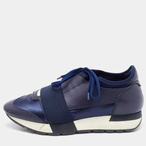 Balenciaga Blue Leather and Satin Race Runner Sneakers Size 37