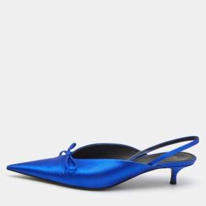 Balenciaga Blue Satin Knife Bow Slingback Pumps Size 41