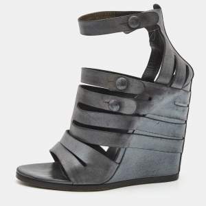 Balenciaga Grey Leather Wedge Ankle Strap Sandals Size 40