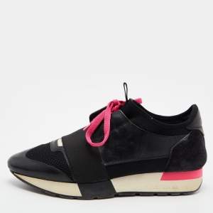 مملوكة مسبقًا Balenciaga Black Leather,Suede and Mesh Race Runner Low Top Sneakers Size 37