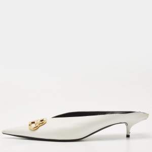 Balenciaga White Leather Square BB Knife Mules Size 40