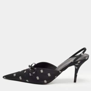 Balenciaga Black BB Logo Print Satin Bow Knife Slingback Pumps Size 38