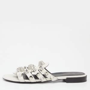 Balenciaga White Leather Arena Studded Strappy Flat Sandals Size 37