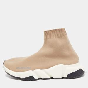 Pre Owned Balenciaga Light Brown Knit Fabric Speed Trainer Sneakers Size 39