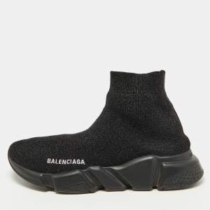 Pre Owned Balenciaga Black Glitter Knit Fabric Speed Trainer Sneakers Size 38