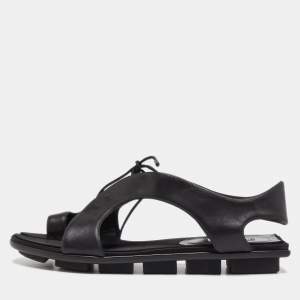Balenciaga Black Leather Thong Flat Sandals Size 40
