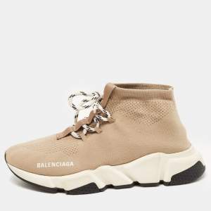 Balenciaga Beige Knit Fabric Speed Trainer Lace Up Sneakers Size 39