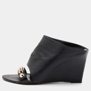 Balenciaga Black Leather Studded Wedge Mules Size 40
