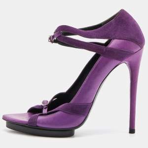 Pre Owned Balenciaga Purple Leather and Suede Double Buckle Strap Platform Sandals Size 39