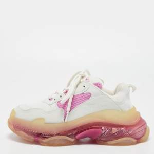 Balenciaga White/Pink Leather and Mesh Triple S Clear Sneakers Size 37