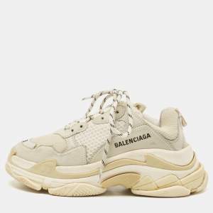 Pre Owned Balenciaga White/Grey Mesh and Leather Triple S Sneakers Size 38
