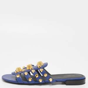 Pre Owned Balenciaga Purple Leather Arena Studded Flat Slides Size 39.5