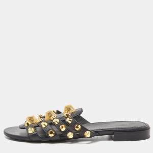 Balenciaga Black Leather Arena Studded Flat Slides Size 37