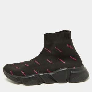 Pre Owned Balenciaga Black/Pink Logo Print Knit Fabric Speed Trainer Sneakers Size 39