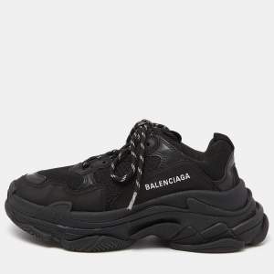 Pre Owned Balenciaga Black Leather and Mesh Triple S Sneakers Size 40