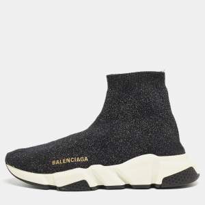Pre Owned Balenciaga Black Glitter Knit Fabric Speed Trainer Sneakers Size 38