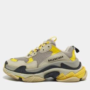 Pre Owned Balenciaga Grey/Yellow Leather and Mesh Triple S Sneakers Size 36