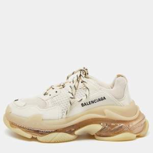 Pre Owned Balenciaga Beige Leather and Mesh Triple S Clear Sneakers Size 38