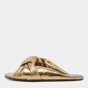 Pre Owned Balenciaga Gold Leather  Flat Slides Size 38