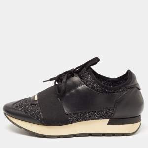 Balenciaga Black Knit Fabric and Leather Race Runner Low Top Sneakers Size 38