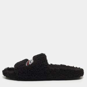 Balenciaga Black Shearing Fur Flat Slides Size 38 