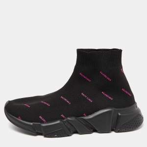 Pre Owned Balenciaga Black/Pink Logo Print Knit Fabric Speed Trainer Sneakers Size 37