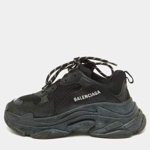 Pre Owned Balenciaga Black Mesh,Nubuck and Nubuck Triple S Sneakers Size 38