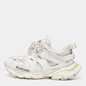 Pre Owned Balenciaga White Faux Leather and Mesh Track Sneakers Size 36