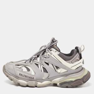 Pre Owned Balenciaga Grey/White Faux Leather and Mesh Track Sneakers Size 38