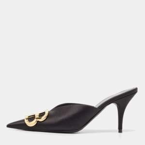 Pre Owned Balenciaga Black Satin BB Knife Mules Size 36